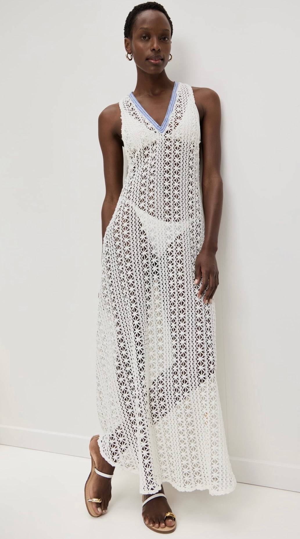 white christmas dresses Crochet Maxi Dress with Blue Stripe