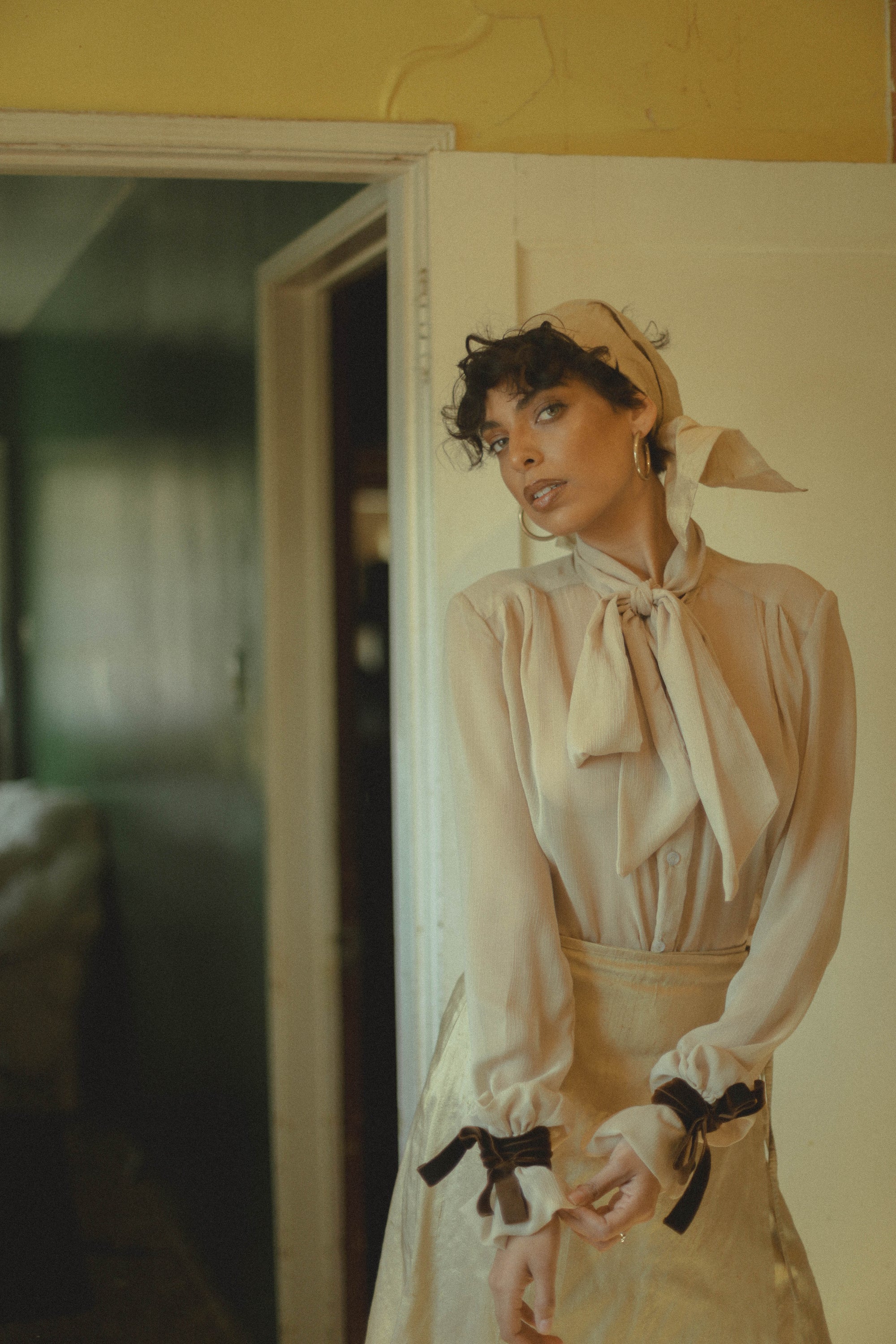 Tan Victorian Silky Pussybow Shirt