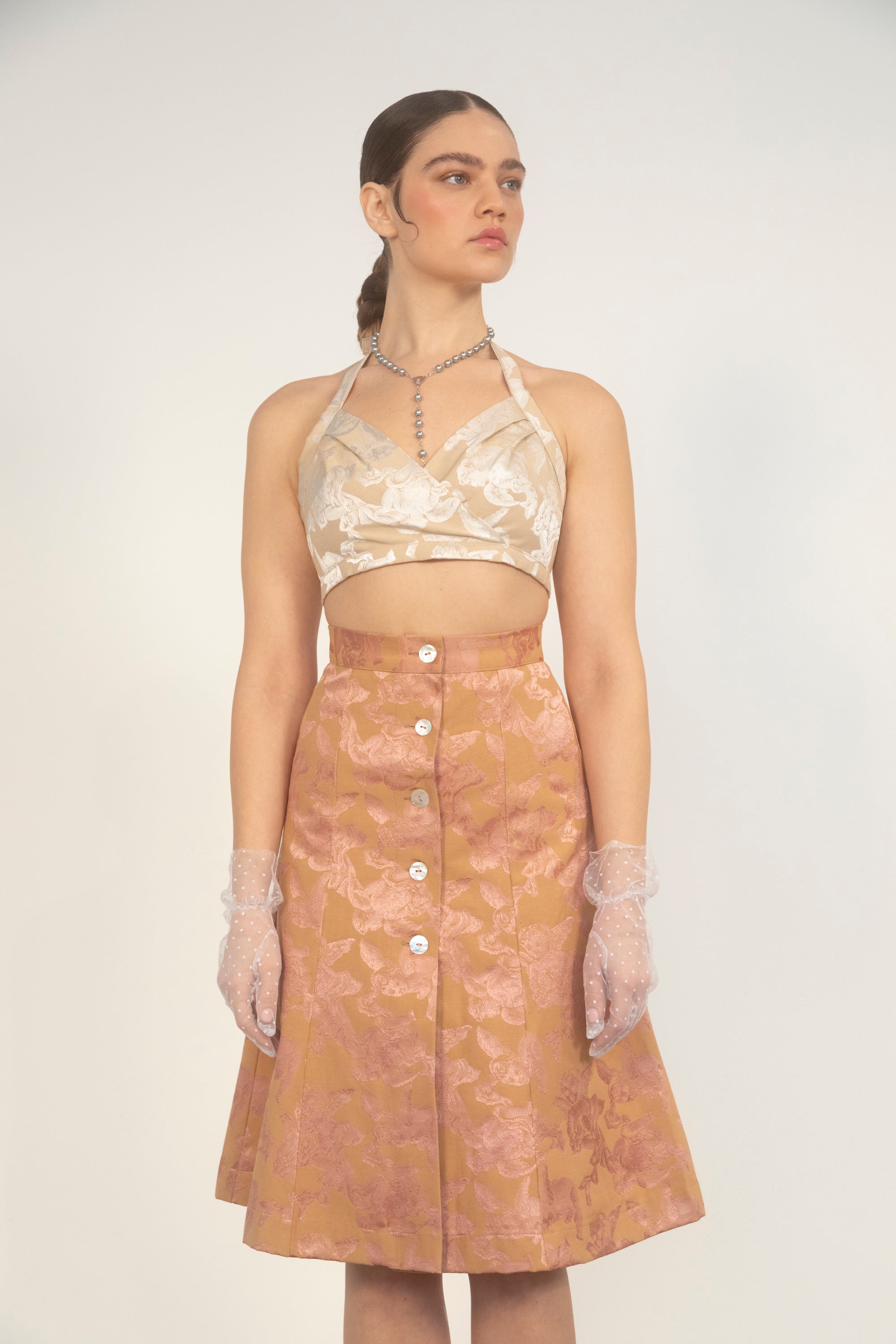 Cherub Button Down Skirt-Tan/Rose Jacquard-Pre-Order