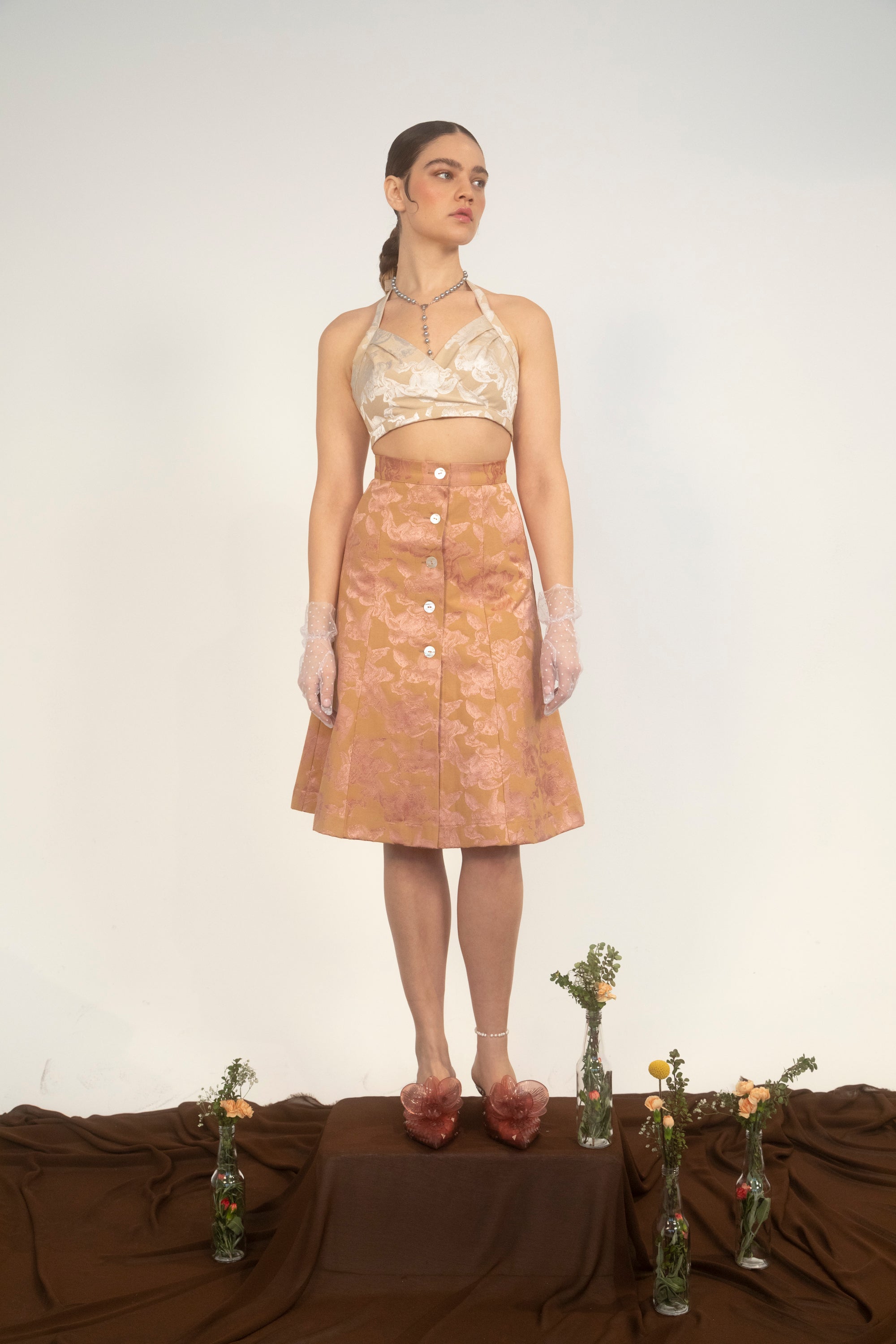 Cherub Button Down Skirt-Tan/Rose Jacquard-Pre-Order