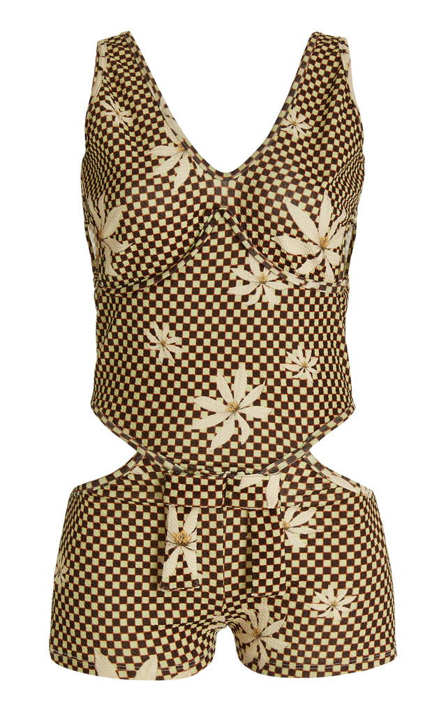 Checkered Waffle Texture Corset Cut Out One Piece Swimsuit