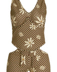 Checkered Waffle Texture Corset Cut Out One Piece Swimsuit