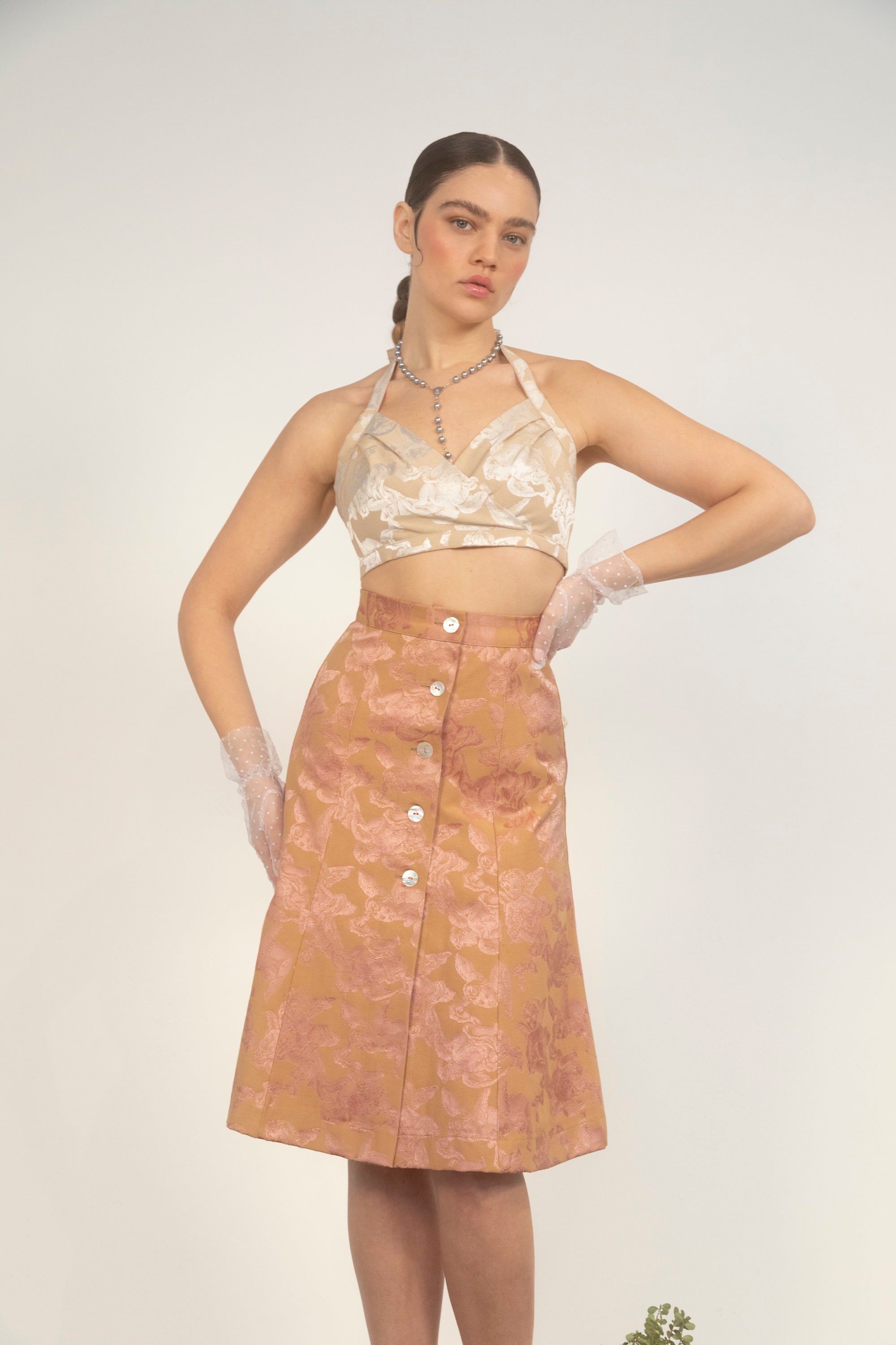 Cherub Button Down Skirt-Tan/Rose Jacquard-Pre-Order