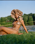 Checkered Bikini Waffle Print with Vintage Beads on Straps