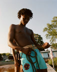 Swim Trunk with Embroidered Patch- Aqua-Pre Order