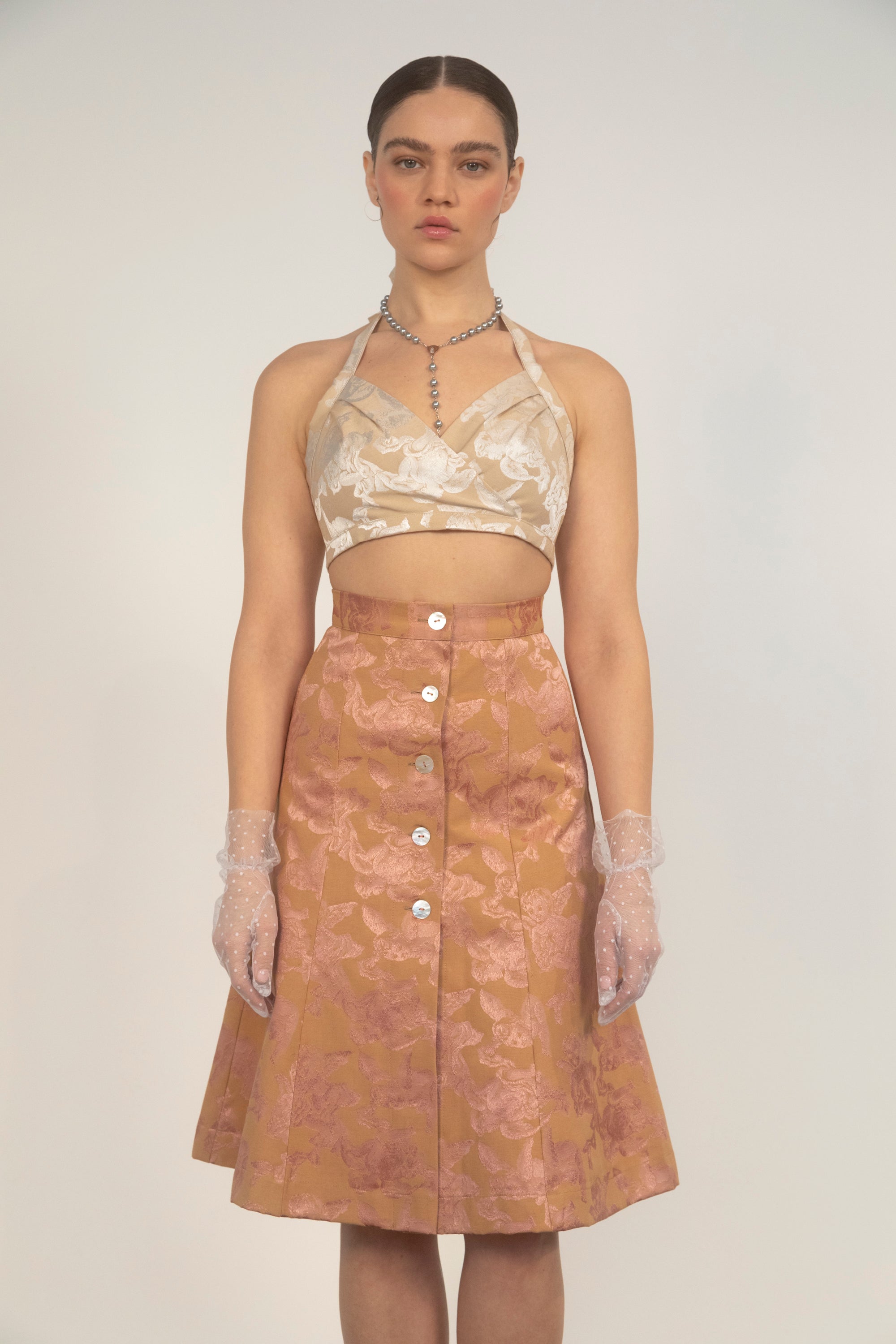 Cherub Button Down Skirt-Tan/Rose Jacquard-Pre-Order