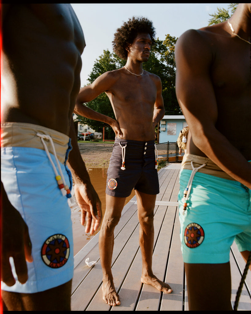 Swim Trunk with Embroidered Patch- Aqua-Pre Order