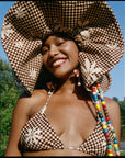 Checkered Bikini Waffle Print with Vintage Beads on Straps