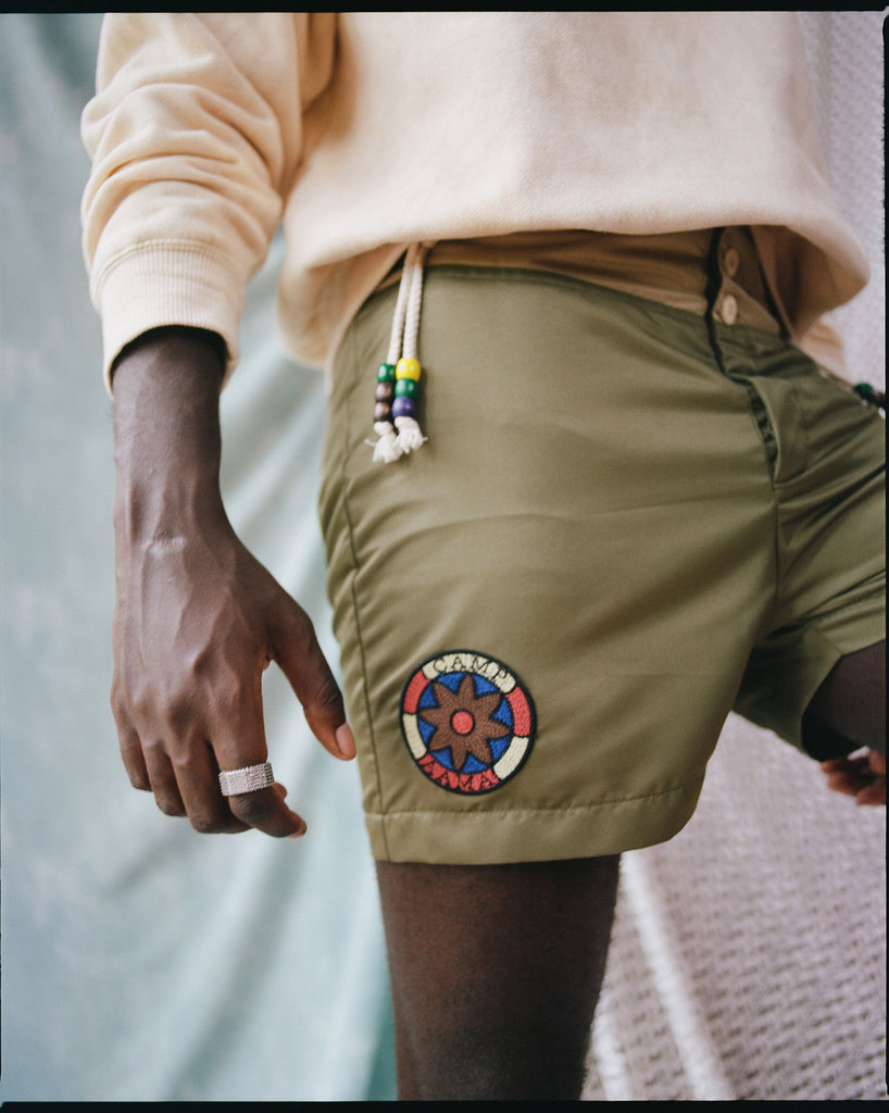 Swim Trunk with Embroidered Patch-Olive-Pre Order
