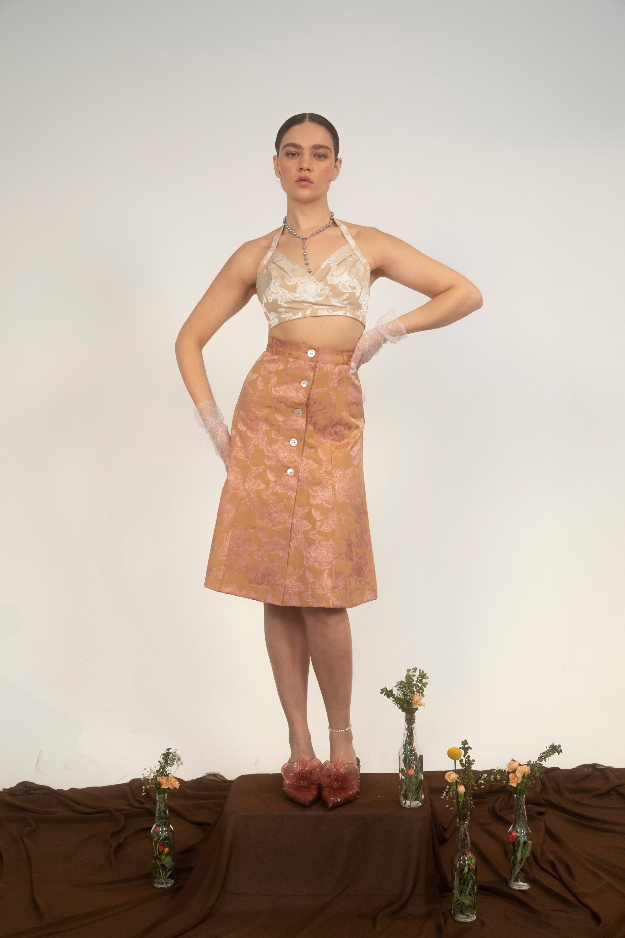 Cherub Button Down Skirt-Tan/Rose Jacquard-Pre-Order