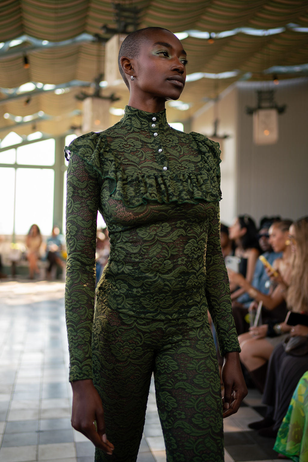 High Neck Lace Top Hunter Green