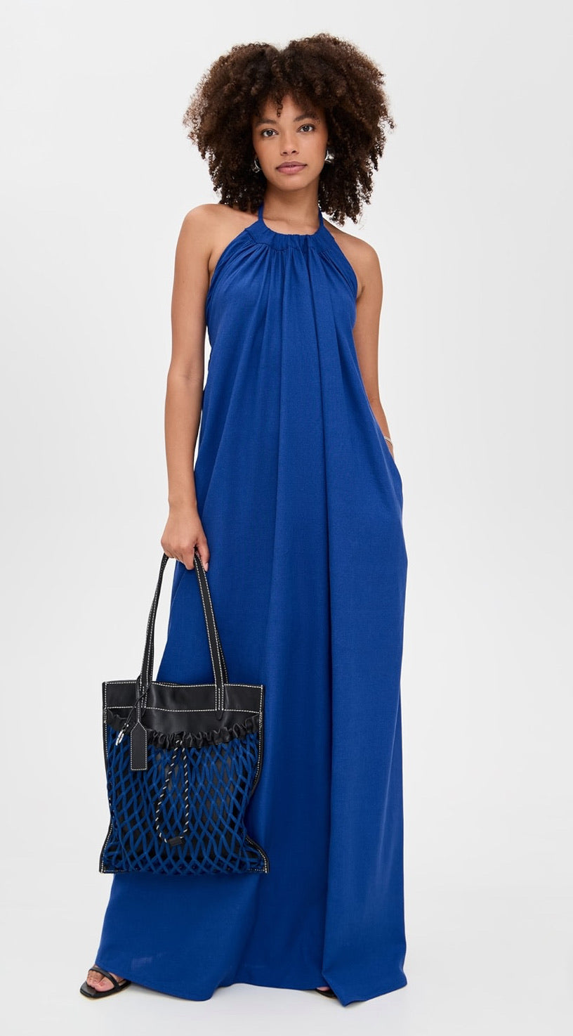 dress electric blue Electric Blue V-Back Satin Gown With Flattering Pleating Details