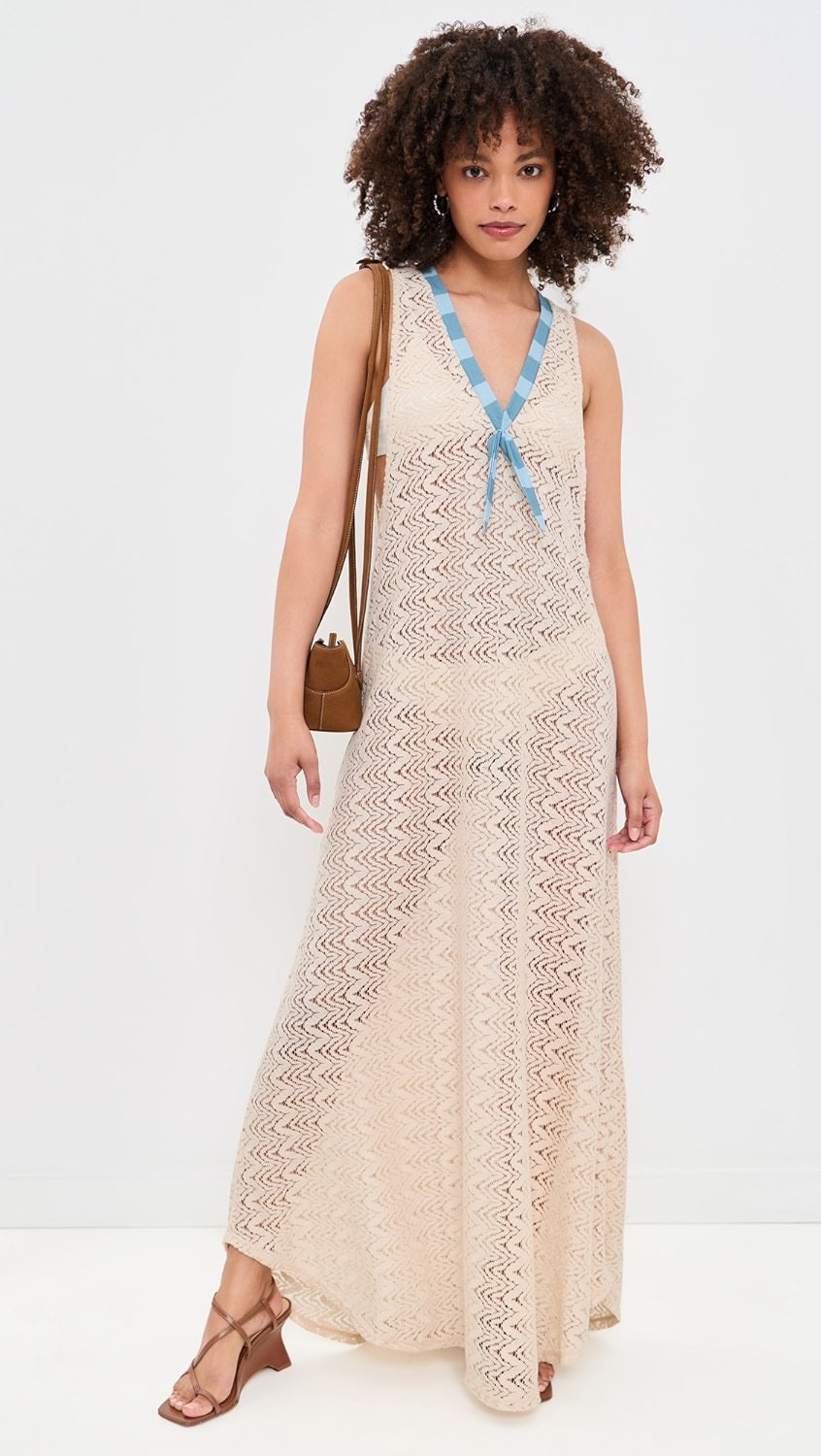 Sailor Lace Crochet Blue Stripe Maxi Dress