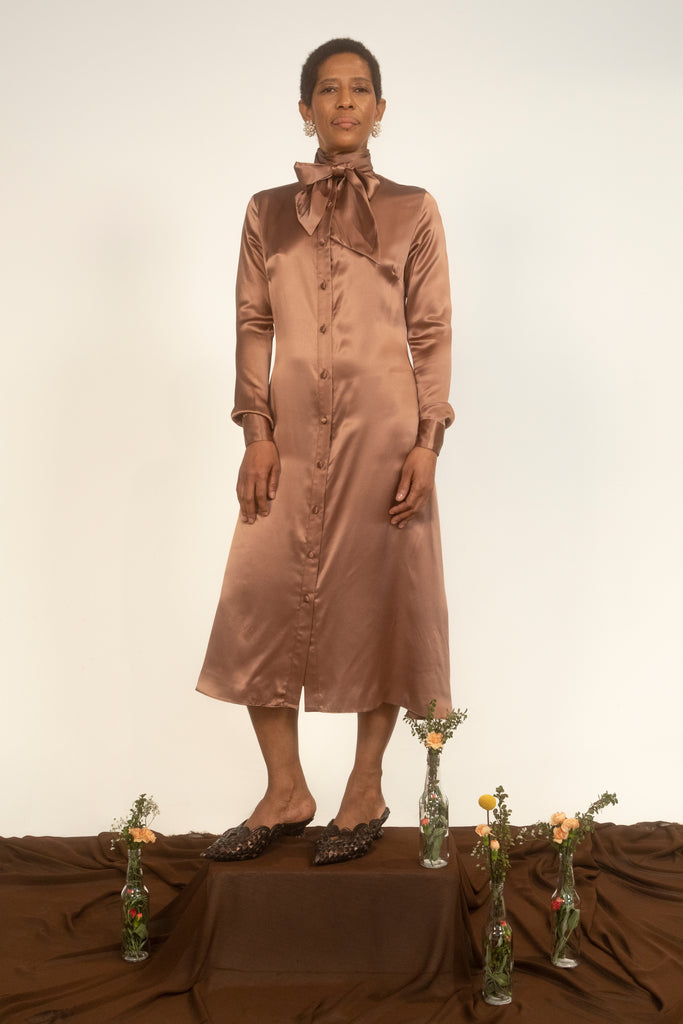 Pussybow Dress - Cocoa Silk Charmeuse-Pre-Order