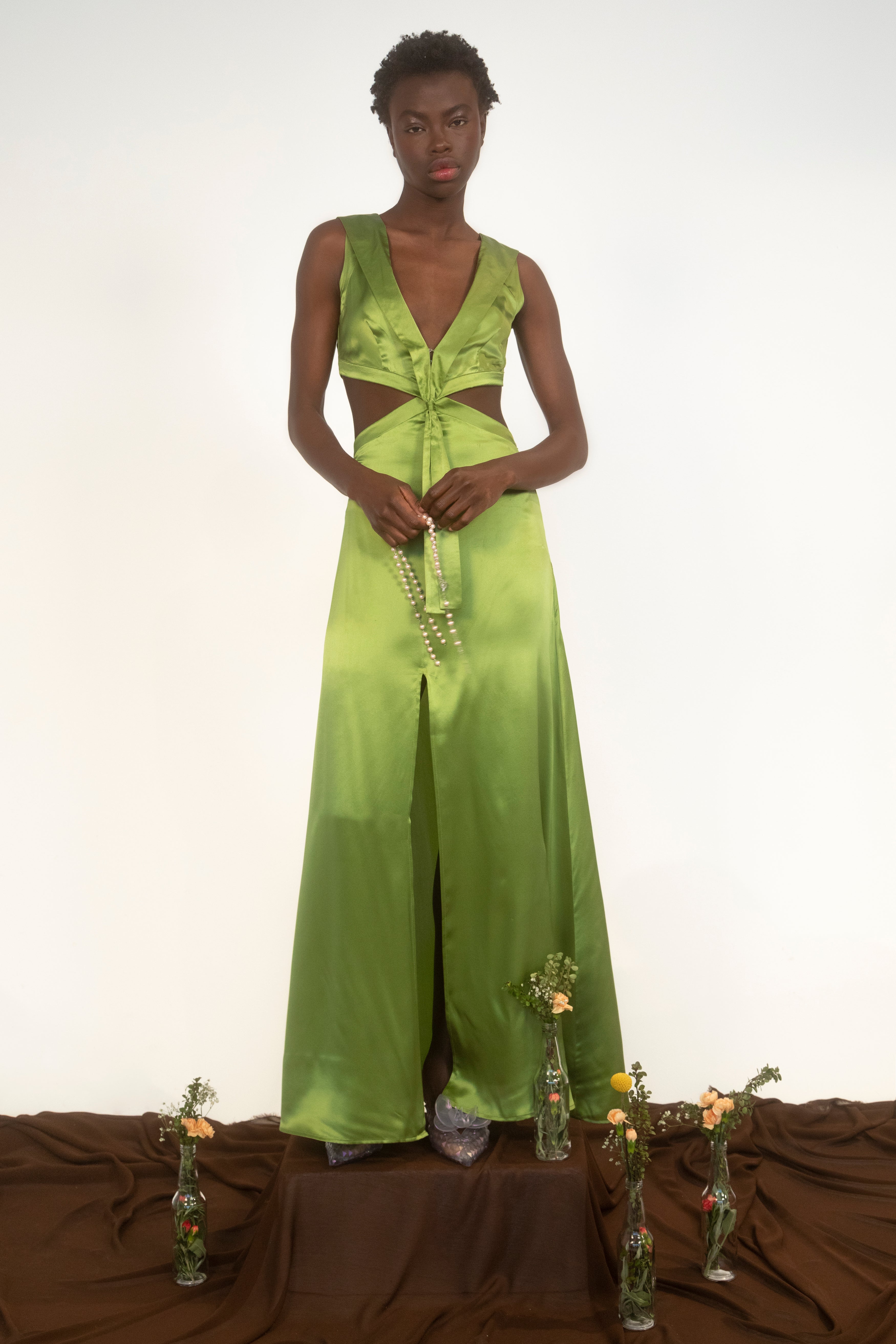 AMOMENTO☆24SS HAIRY LAYERED DRESS HALTER DROPWAIST MIDI DRESS- OLIVE GREY – Shop Movida