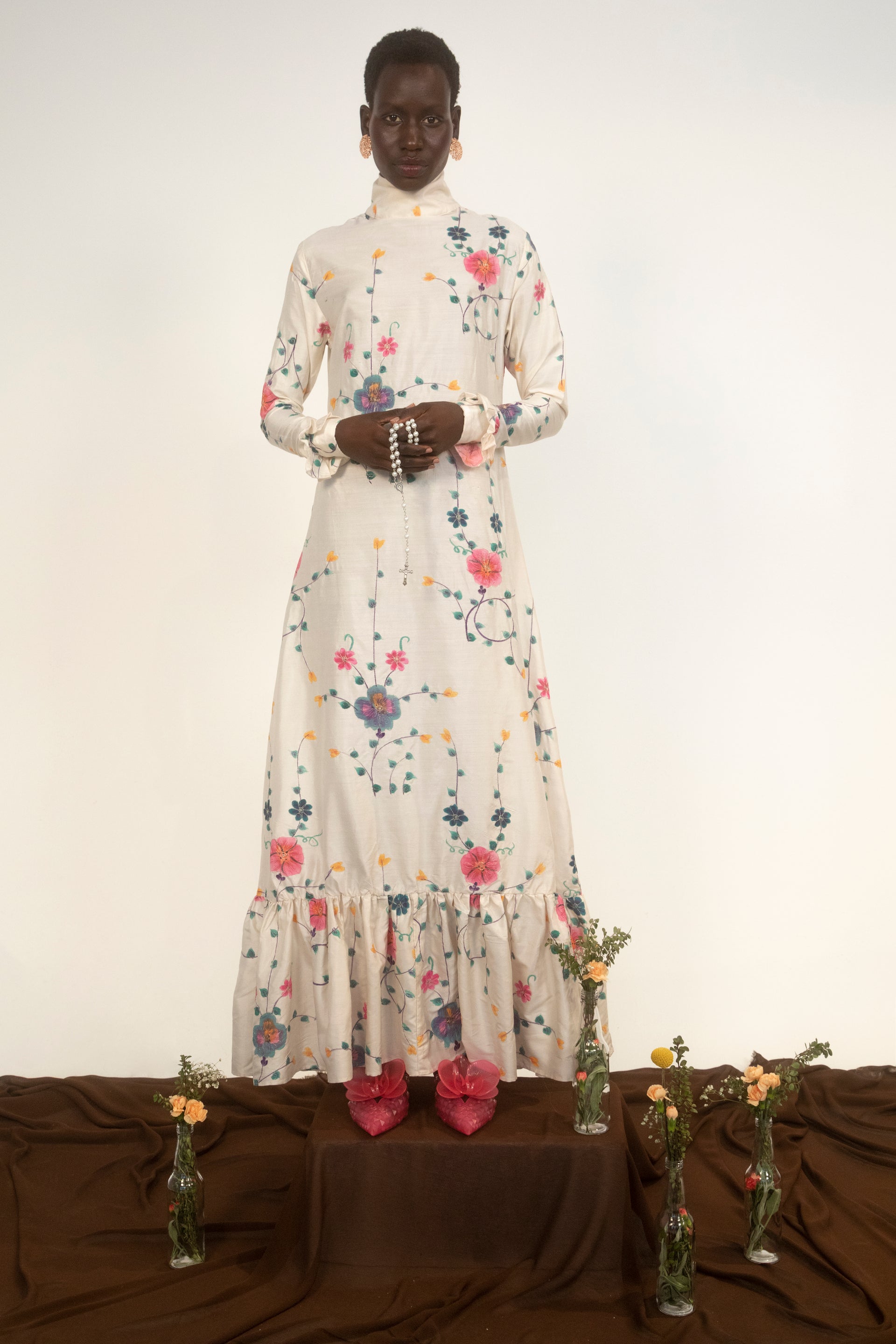 Country Girl Dress- Ivory Floral Silk Dupioni 4