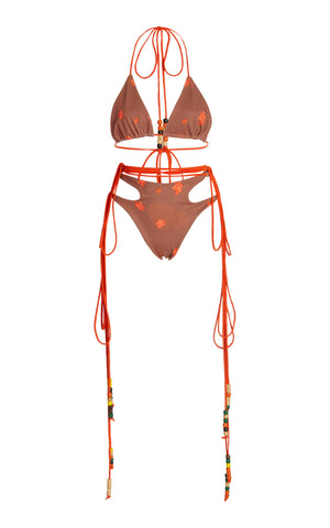 Bloodroot Bikini with Vintage Beads on Elongated Straps