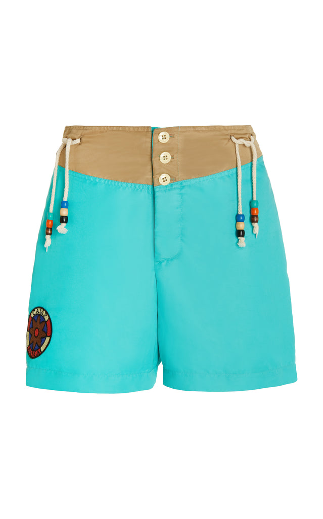 Swim Trunk with Embroidered Patch- Aqua-Pre Order